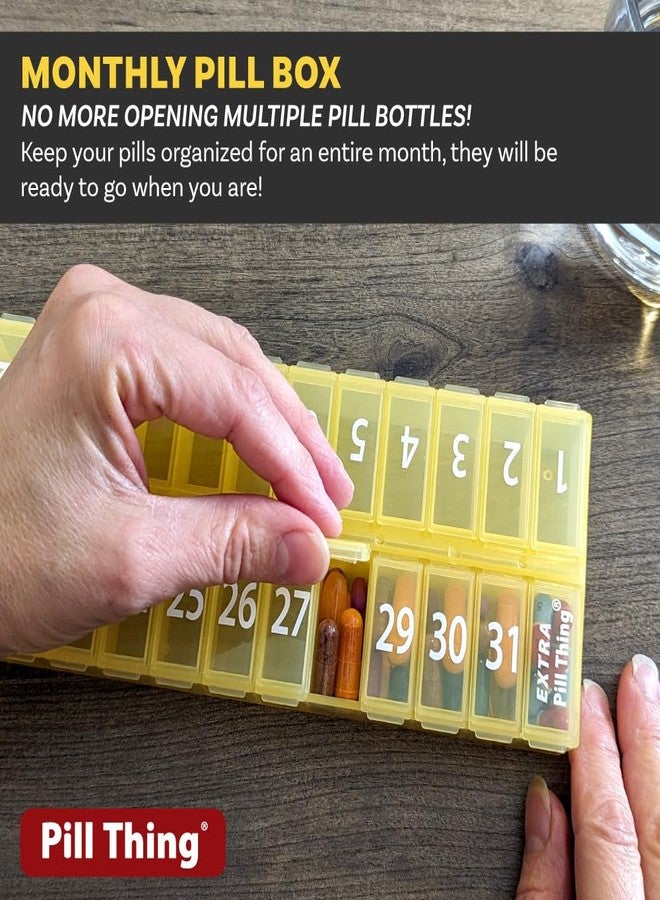 pill thing منظم حبوب شهري لمدة 31 يومًا - علب حبوب كبيرة الحجم لتخزين الأدوية لشهر كامل بالإضافة إلى حجرة إضافية (صباحًا/مساءً أصفر وأزرق) خالٍ من مادة BPA - Image 3